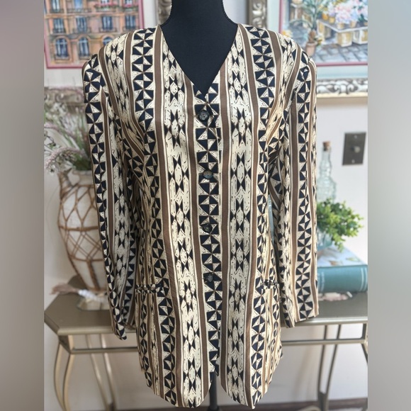 100% SILK VTG. AVATI BLACK & TAN GEOMETRIC ABSTRACT PATTERN LUXURY BLAZER SZ 14 - Picture 7 of 7